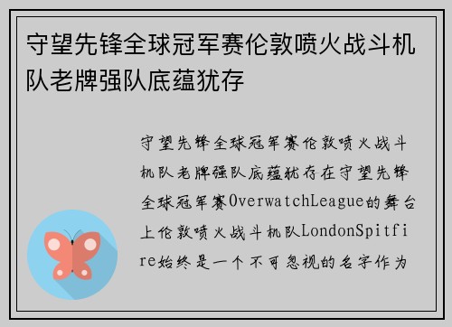 守望先锋全球冠军赛伦敦喷火战斗机队老牌强队底蕴犹存